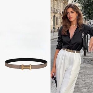 Classic H Gold Logo Reversible Taupe/Black Leather Belt | Fits US Pant Size 4-8